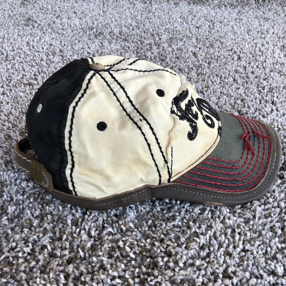 True Religion Embroidered Spellout Hat OSFA Distress Leather Trim Strap Back Cap